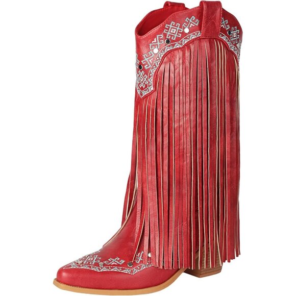 ⚡Women's Red Snip Toe Cowgirl Mid Calf Boots With Rivets Pull On Chunky Heel - Picture 1 of 6